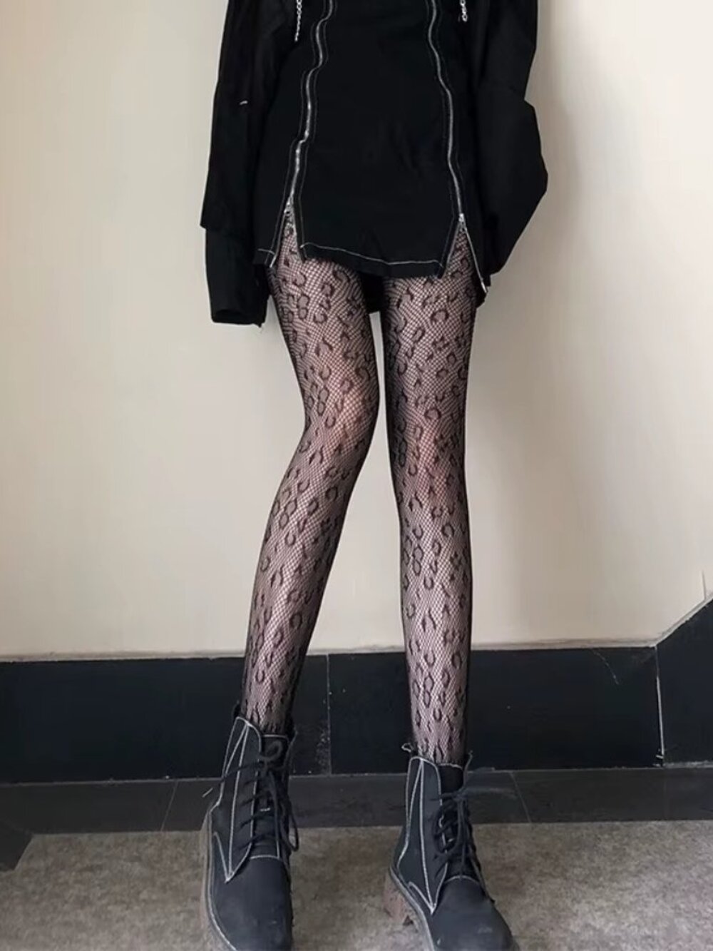 Women's Leopard Print Pattern Gothic Black Fishnet Tights Pantyhose Stockings
